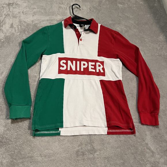 Sniper Gang Shirt Mens Small Red Green White Long Sleeve Rugby Polo Graphic - Picture 1 of 14